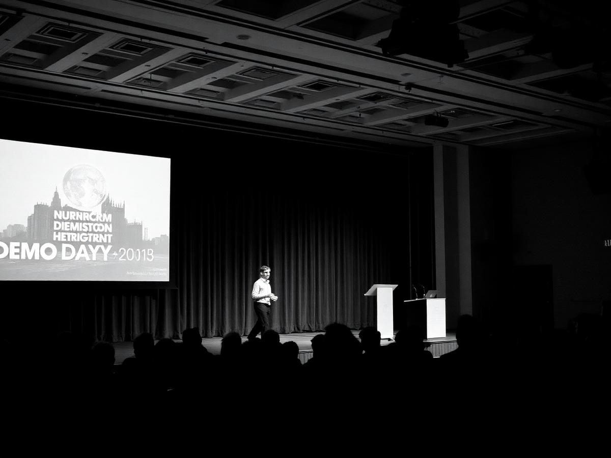 Demo day stage with projected slide and audience